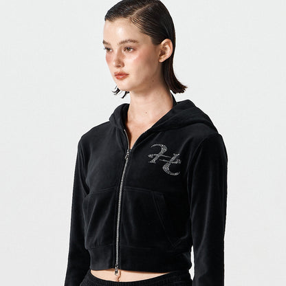 【早鳥優惠】Velour 美式街頭風貼鑽短版連帽外套 黑色