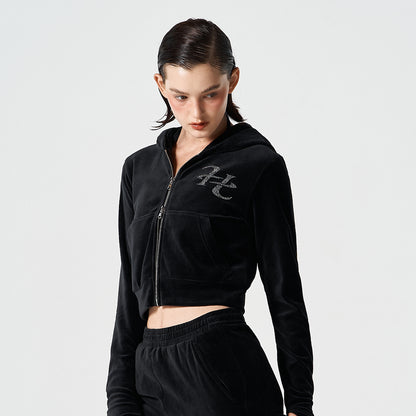 【早鳥優惠】Velour 美式街頭風貼鑽短版連帽外套 黑色