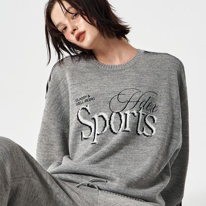 【早鳥優惠】Womens 滾邊休閒寬鬆混羊毛針織上衣 麻花灰