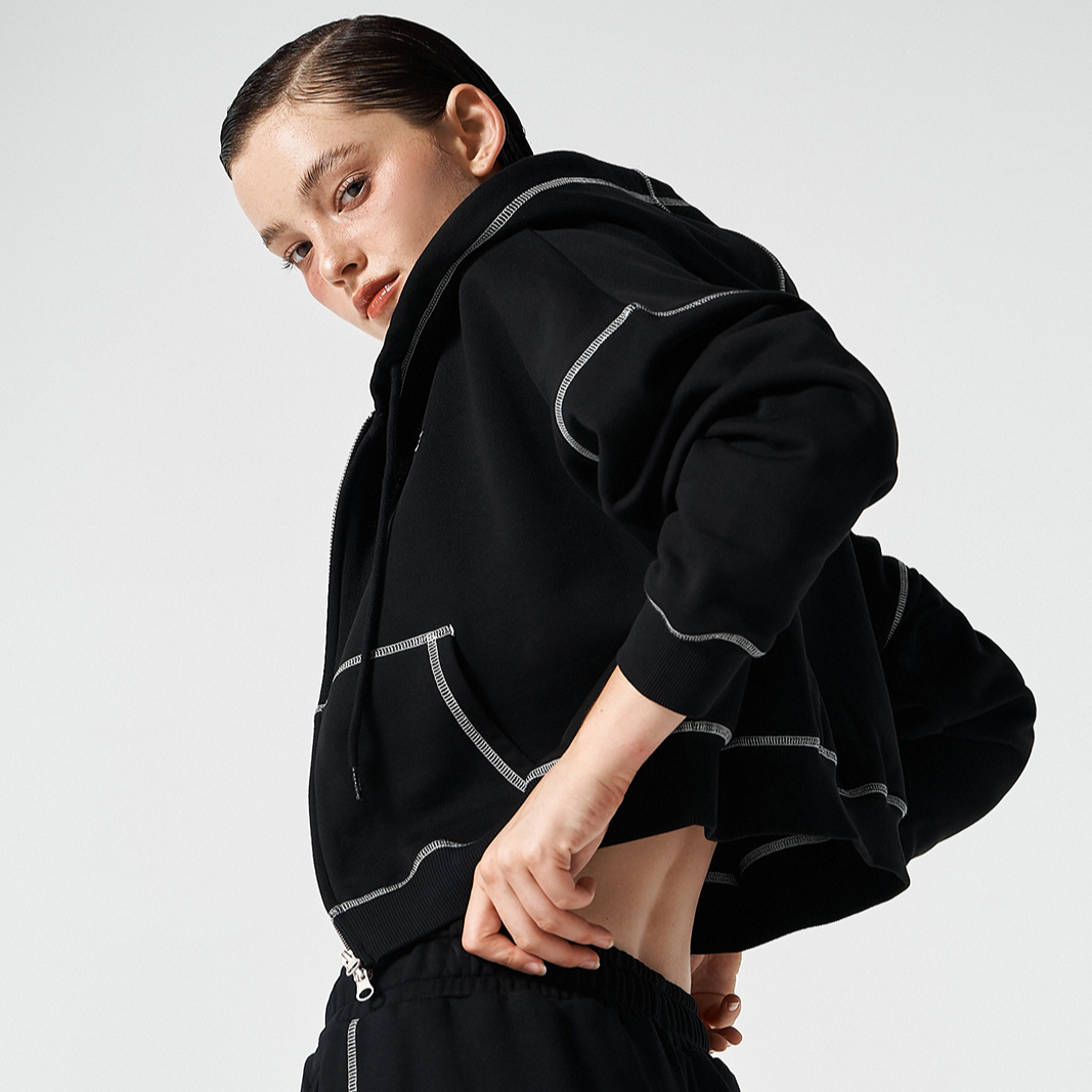 Contrast Stitch 短版休閒連帽外套 黑色