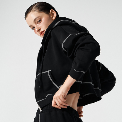 Contrast Stitch 短版休閒連帽外套 黑色