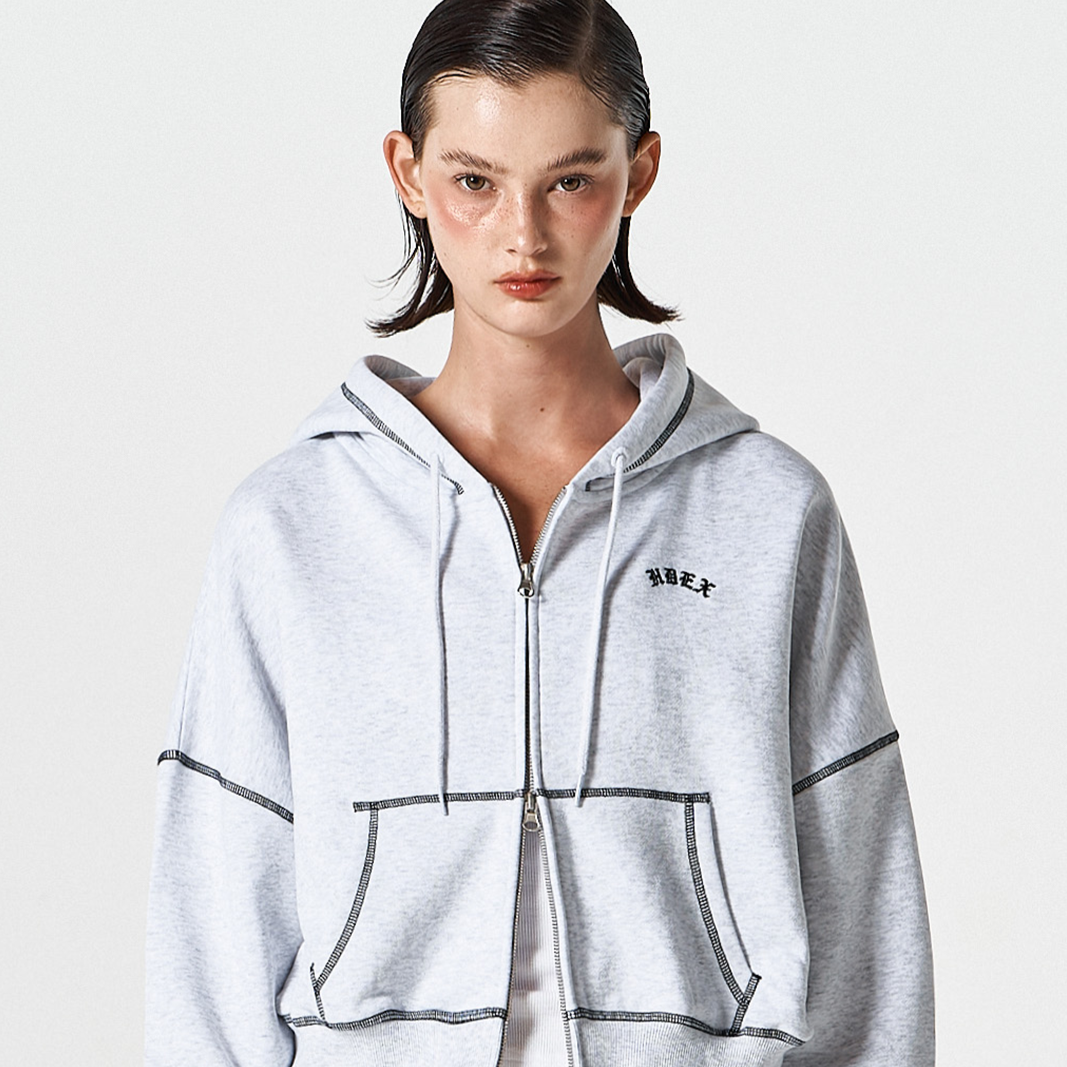 Contrast Stitch 短版休閒連帽外套 麻灰白