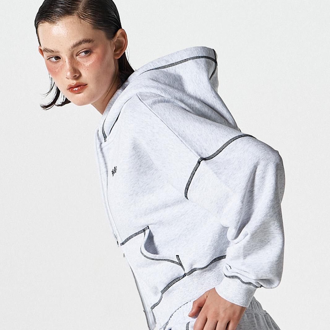 Contrast Stitch 短版休閒連帽外套 麻灰白