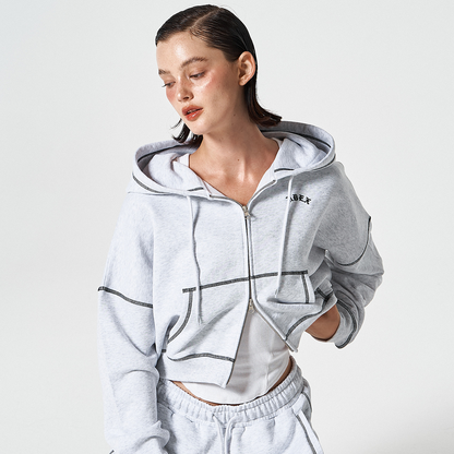 Contrast Stitch 短版休閒連帽外套 麻灰白