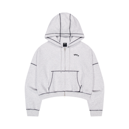 Contrast Stitch 短版休閒連帽外套 麻灰白