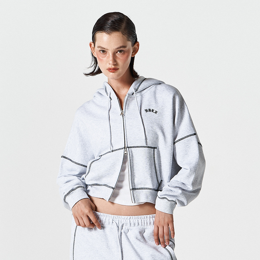 Contrast Stitch 短版休閒連帽外套 麻灰白