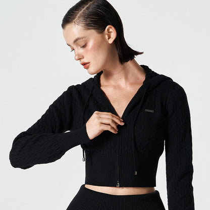 【早鳥優惠】Womens Cable 麻花針織短版連帽外套 黑色