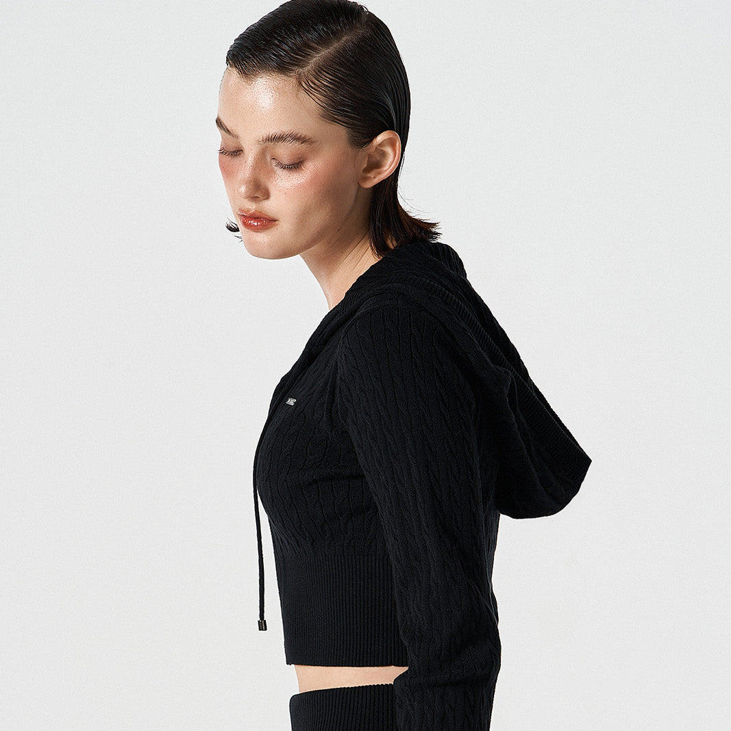 【早鳥優惠】Womens Cable 麻花針織短版連帽外套 黑色