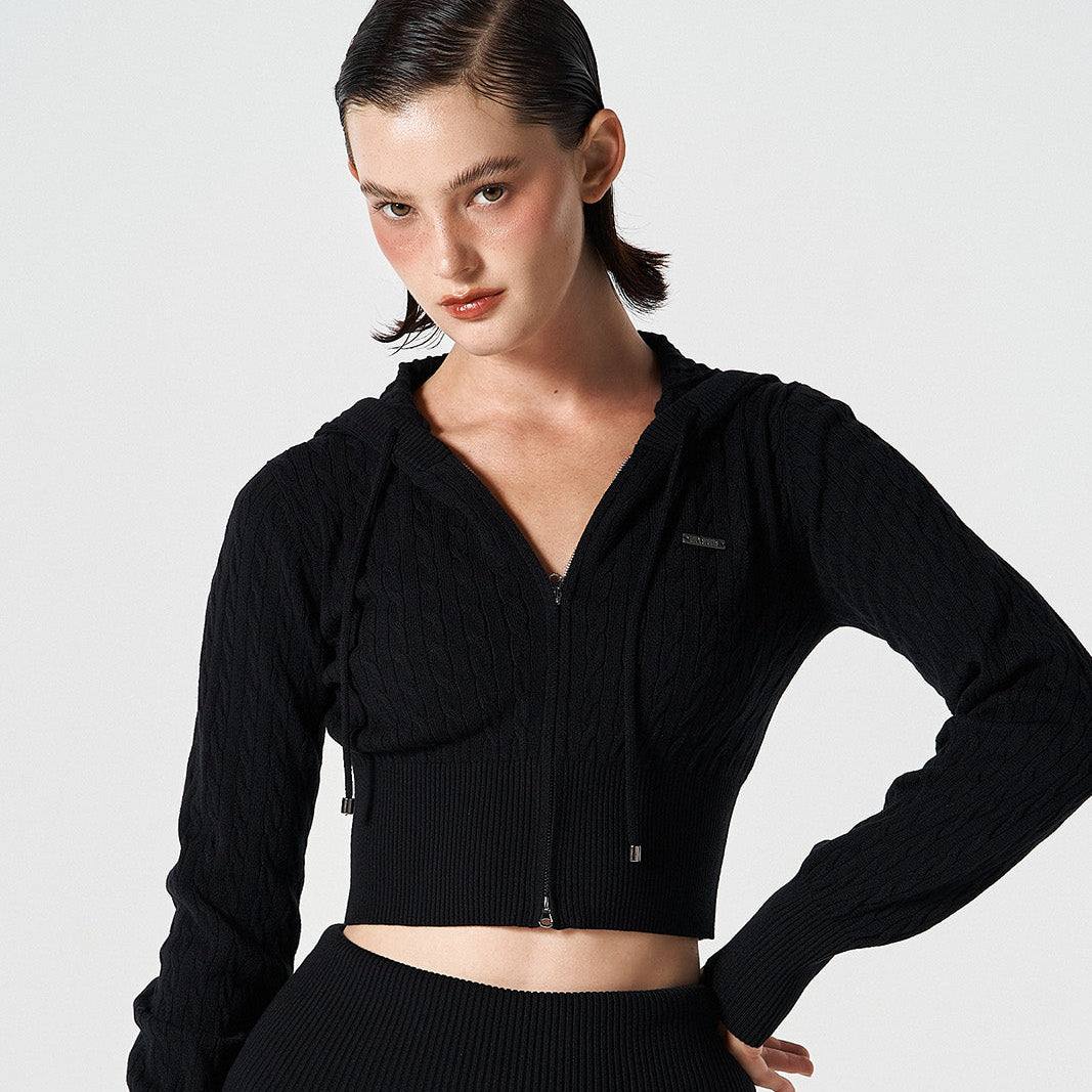 【早鳥優惠】Womens Cable 麻花針織短版連帽外套 黑色