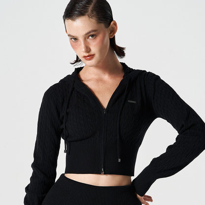 【早鳥優惠】Womens Cable 麻花針織短版連帽外套 黑色