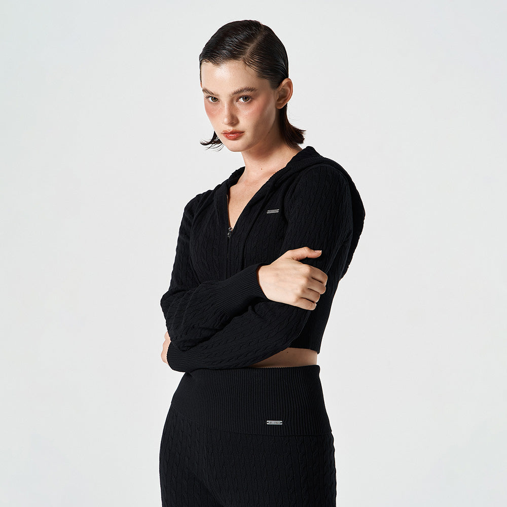 【早鳥優惠】Womens Cable 麻花針織短版連帽外套 黑色