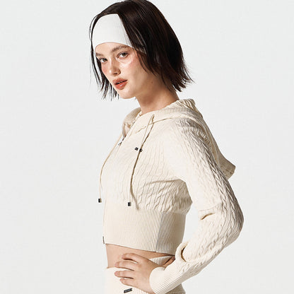 【早鳥優惠】Womens Cable 麻花針織短版連帽外套 象牙白