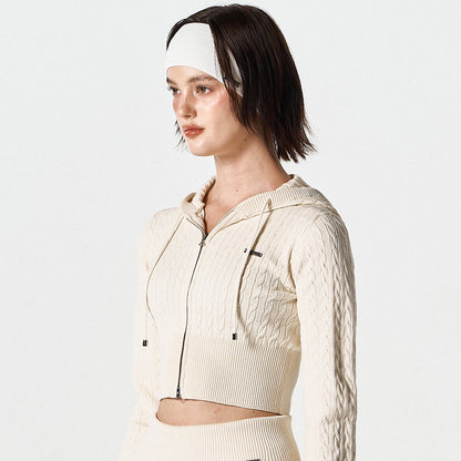 【早鳥優惠】Womens Cable 麻花針織短版連帽外套 象牙白