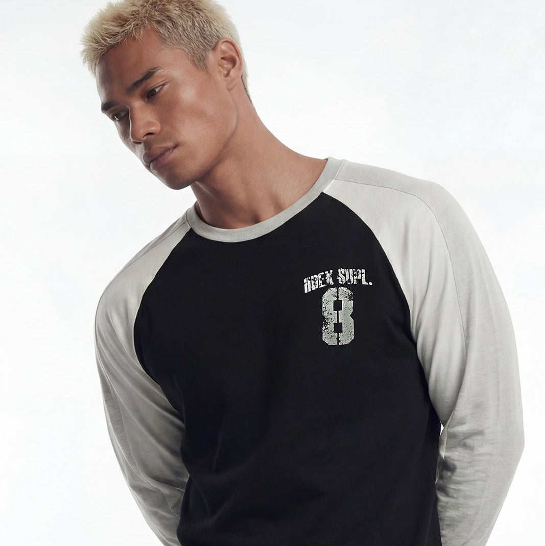 【新品早鳥優惠】Number 8 Raglan 滾邊撞色休閒純棉長袖上衣 黑色(男女同款)