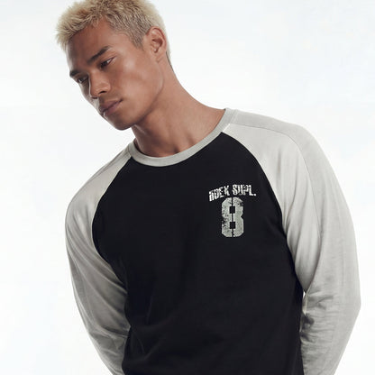 【新品早鳥優惠】Number 8 Raglan 滾邊撞色休閒純棉長袖上衣 黑色(男女同款)