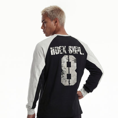 【新品早鳥優惠】Number 8 Raglan 滾邊撞色休閒純棉長袖上衣 黑色(男女同款)