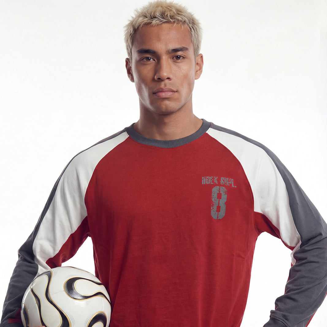 【新品早鳥優惠】Number 8 Raglan 滾邊撞色休閒純棉長袖上衣 暗紅色(男女同款)