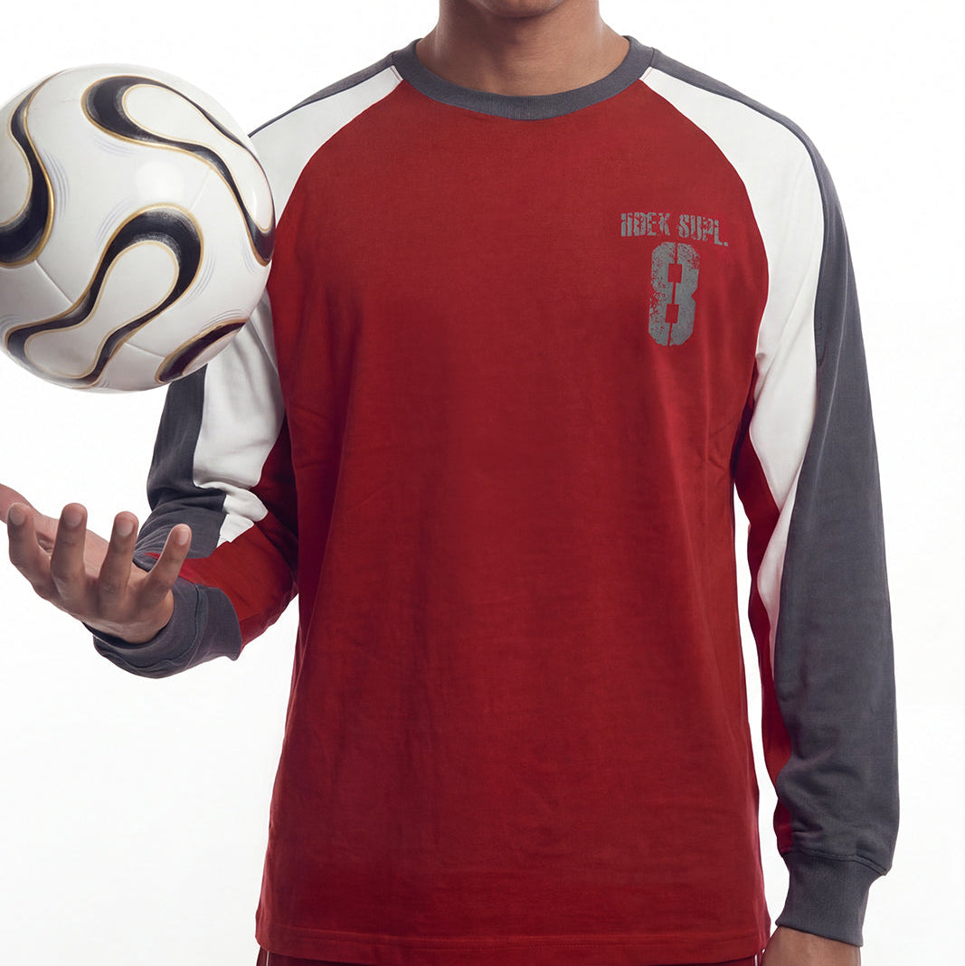 【新品早鳥優惠】Number 8 Raglan 滾邊撞色休閒純棉長袖上衣 暗紅色(男女同款)