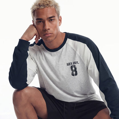 【新品早鳥優惠】Number 8 Raglan 滾邊撞色休閒純棉長袖上衣 麻灰白(男女同款)