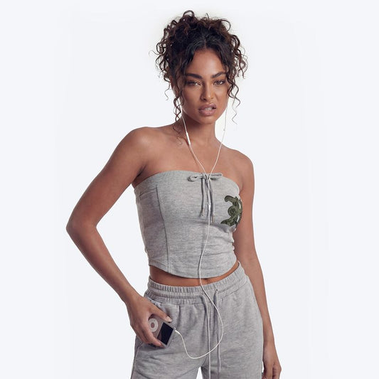 【新品早鳥優惠】Camo Applique Tube 抽繩平口上衣 混灰色