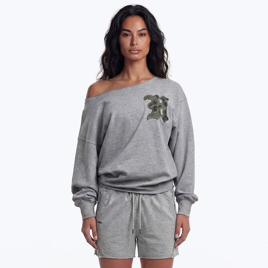 【新品早鳥優惠】Camo Off-Shoulder 斜領上衣 混灰色