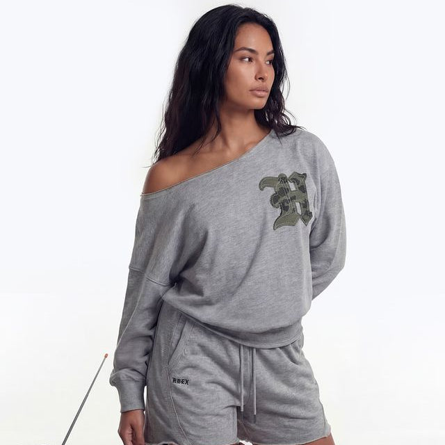 【新品早鳥優惠】Camo Off-Shoulder 斜領上衣 混灰色