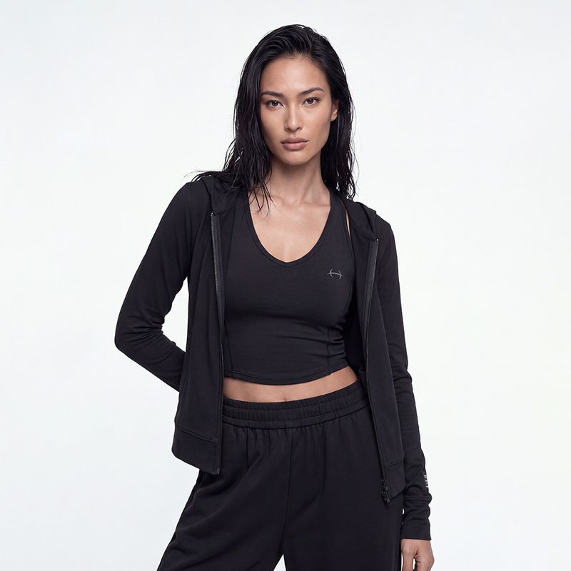 Move Cotton 女款修身連帽拉鍊外套 黑色