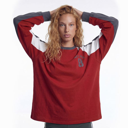 【新品早鳥優惠】Number 8 Raglan 滾邊撞色休閒純棉長袖上衣 暗紅色(男女同款)