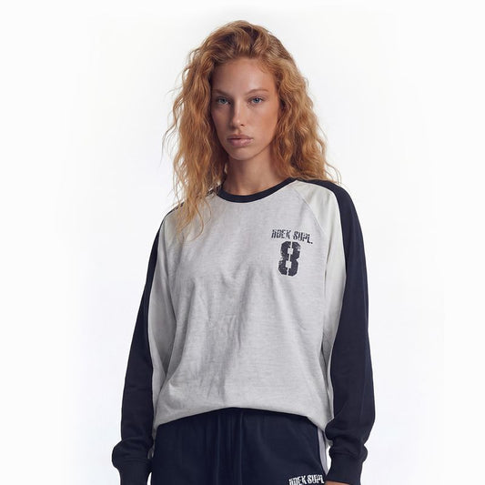 【新品早鳥優惠】Number 8 Raglan 滾邊撞色休閒純棉長袖上衣 麻灰白(男女同款)