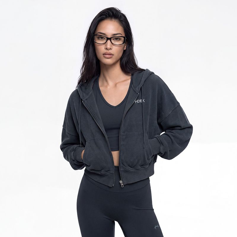 Soft Velour 女款華夫格連帽拉鍊外套 海軍藍