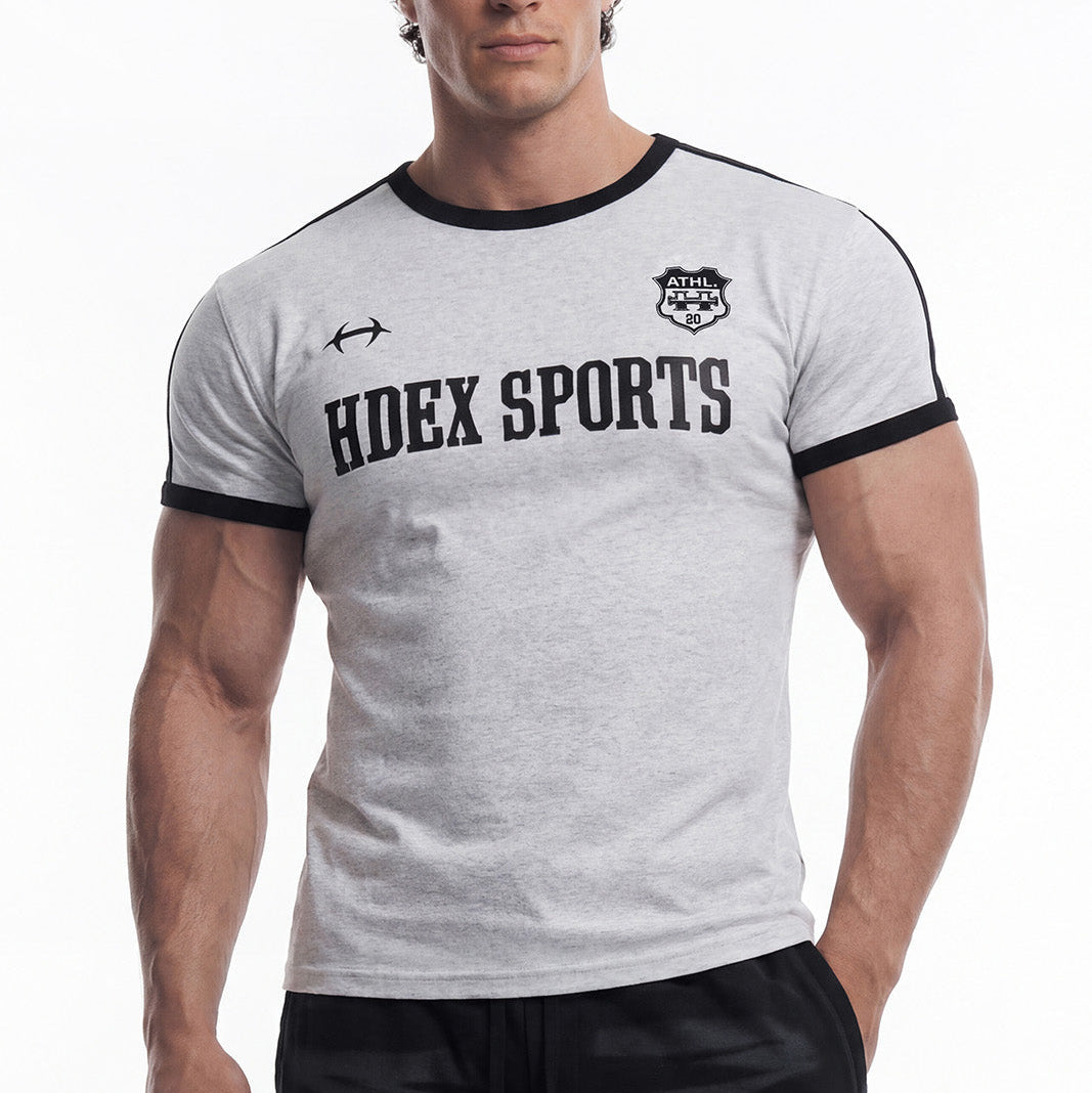Sporty Ringer Muscle Fit 滾邊短袖運動上衣 麻灰白