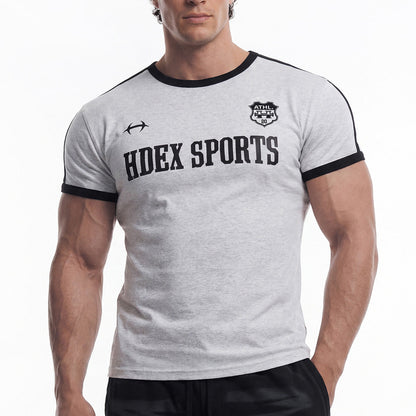 Sporty Ringer Muscle Fit 滾邊短袖運動上衣 麻灰白