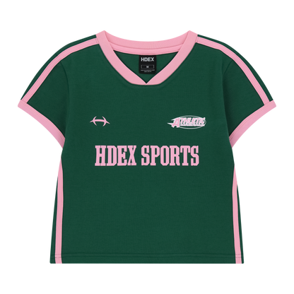 Sporty Ringer V領撞色短版運動上衣 深綠色