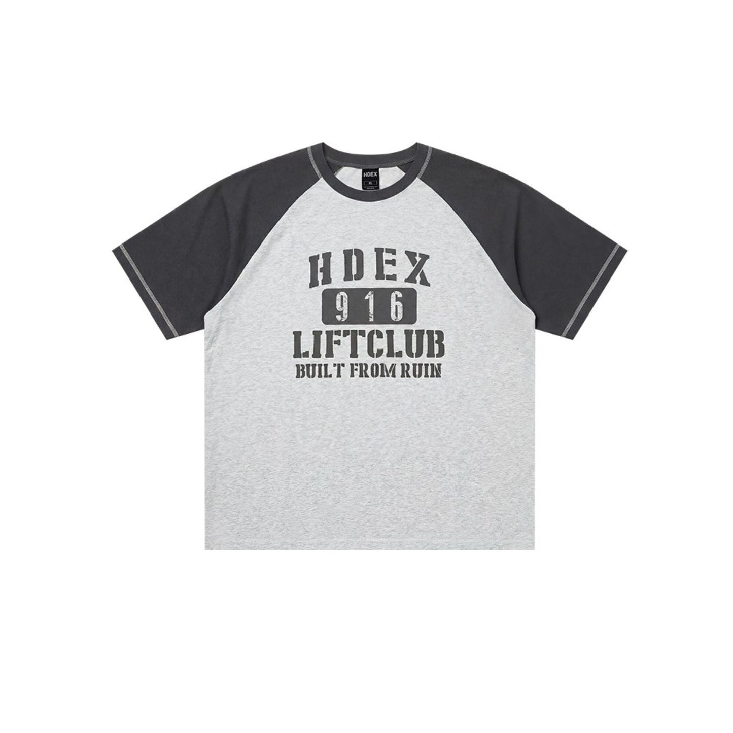 Lift Stitch 撞色插肩袖短袖上衣 麻灰白