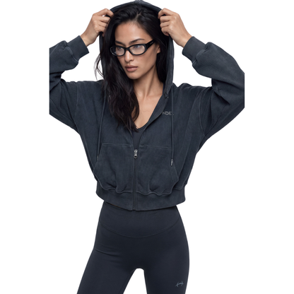 Soft Velour 女款華夫格連帽拉鍊外套 海軍藍